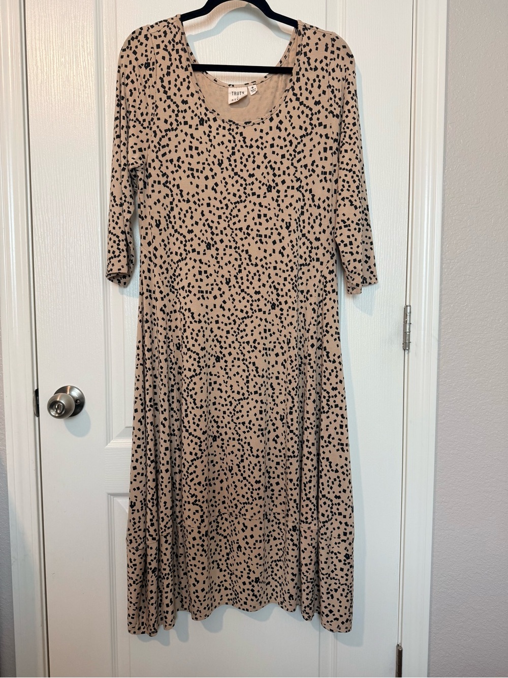 Truth Beige with Tan Black Abstract Print Midi Dress